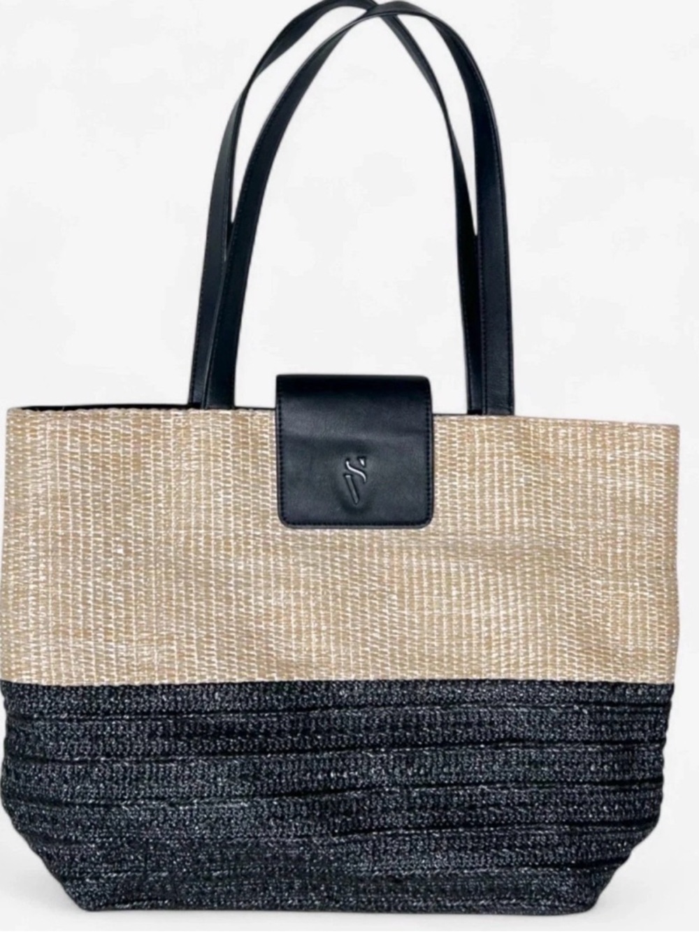 Simply Vera Wang Black & Natural Two-Tone Straw Tote Bag with Black Trim